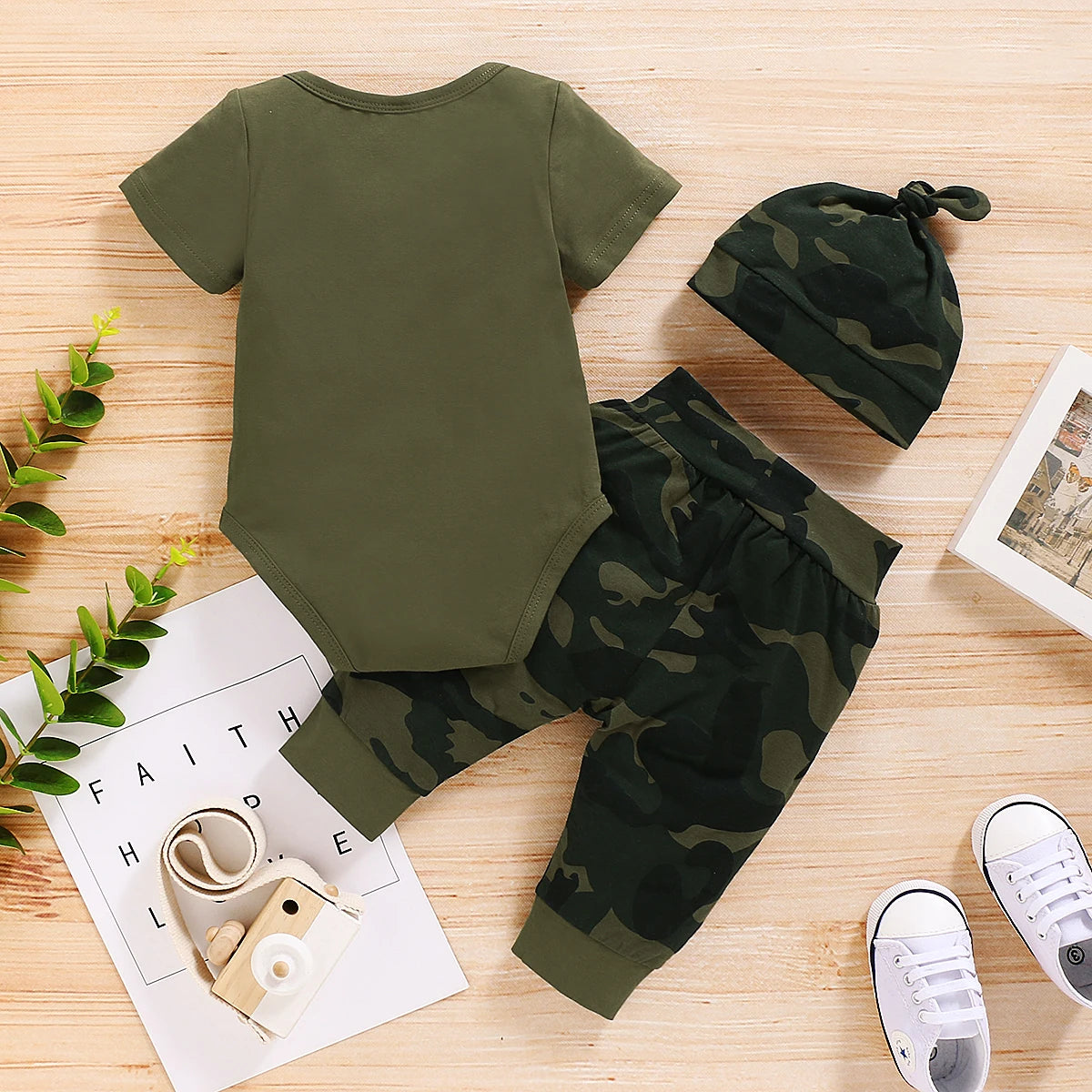 Newborn Baby Boy Summer Clothes Set Letters Short Sleeve Romper +Camouflage Pants+Hat 3pcs Outfits for Toddler Boy 0-18 Months