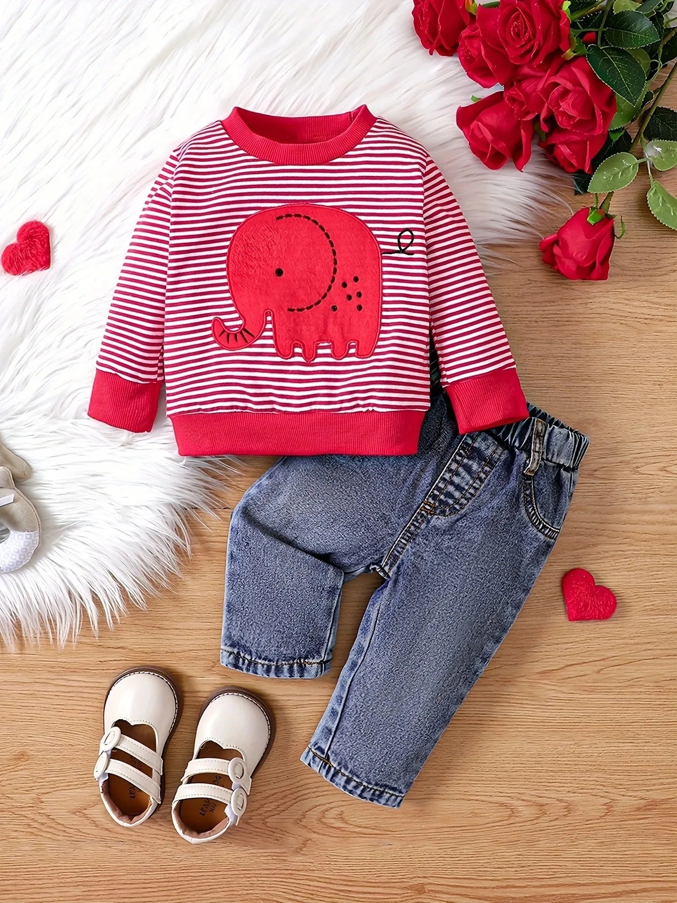 0-24 Months Spring Autumn New Boy Girl And Toddler Elephant Stripe Top Casual Cute Print Jeans Set