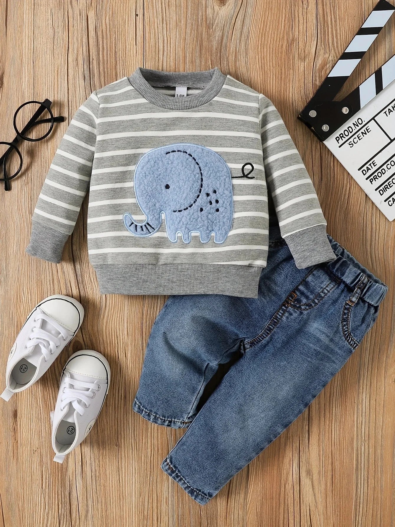 0-24 Months Spring Autumn New Boy Girl And Toddler Elephant Stripe Top Casual Cute Print Jeans Set