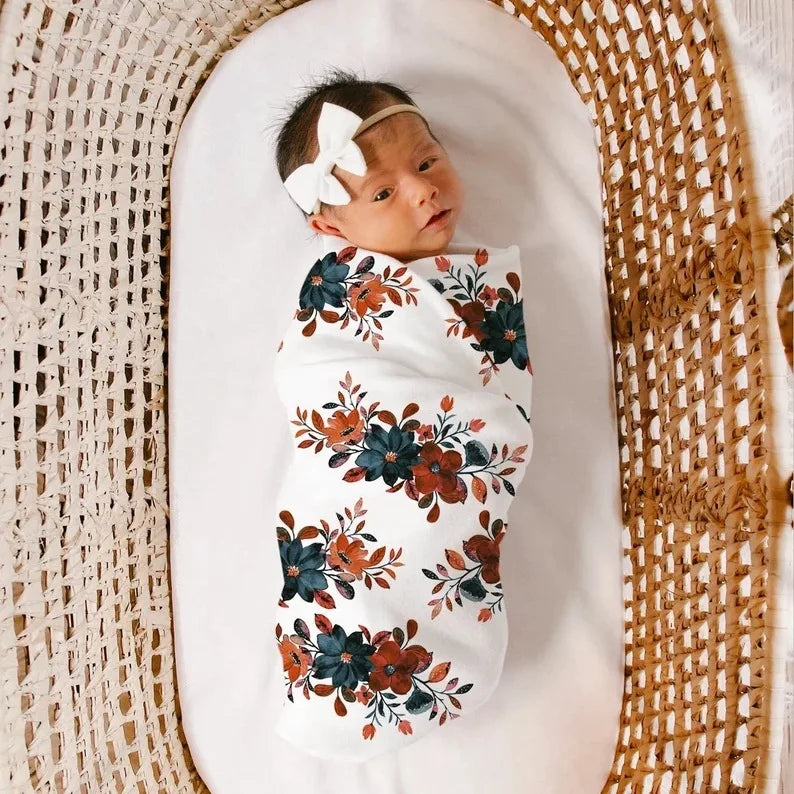 Baby Born Bedding Blankets Flower Print Baby Blanket New Born Muslin Swaddle Girl Hat Headband Infant Receiving Blanket