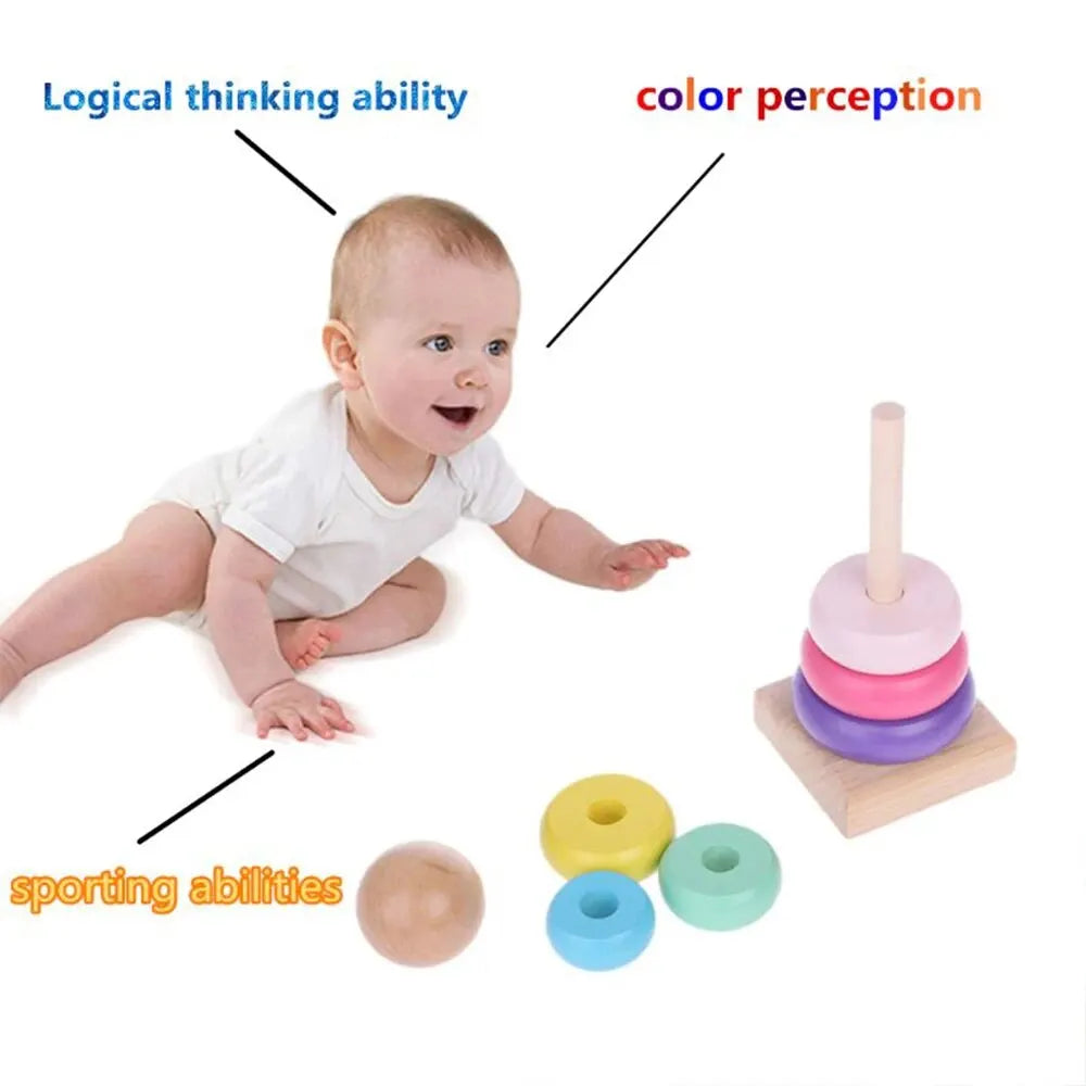 Children Rainbow Tower Ferrule Wooden Toy Stacking Circle Baby Early