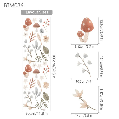 Boho Cartoon Mushroom Branch Leaves Flowers Pattern Wall Stickers for