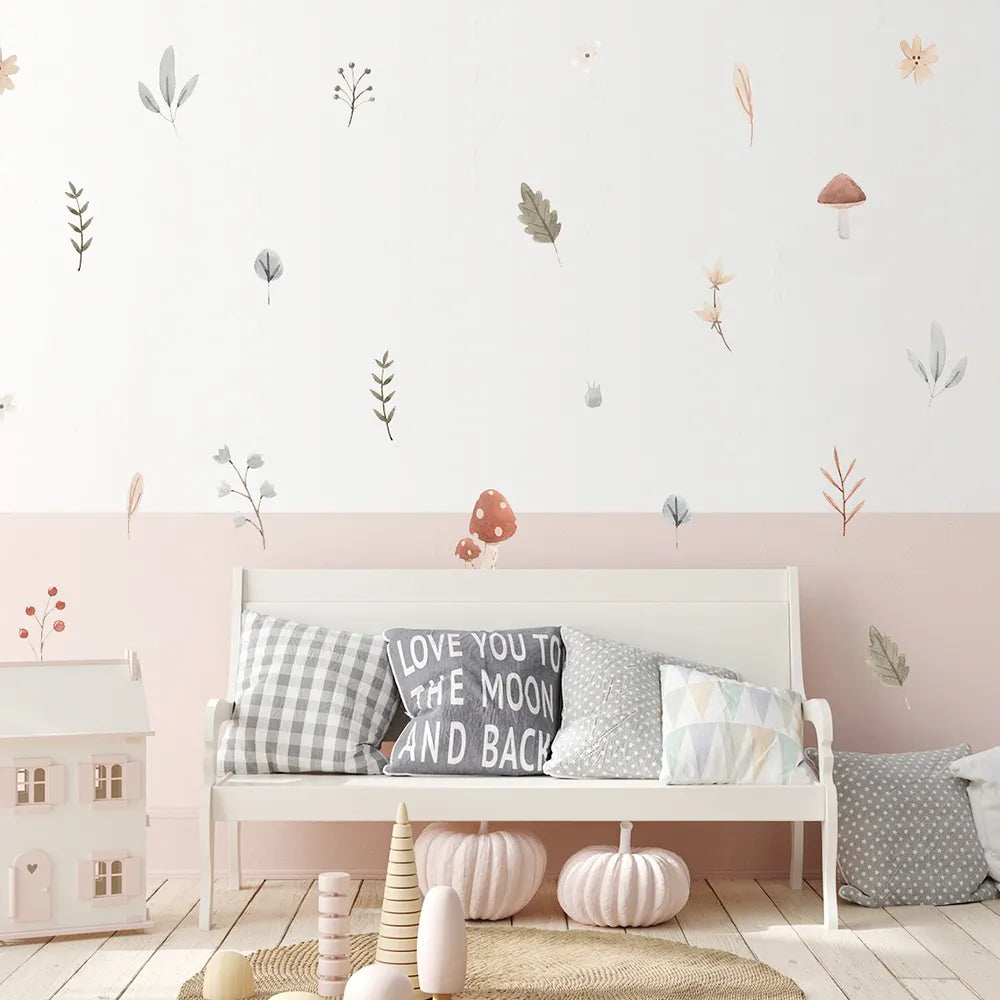 Boho Cartoon Mushroom Branch Leaves Flowers Pattern Wall Stickers for