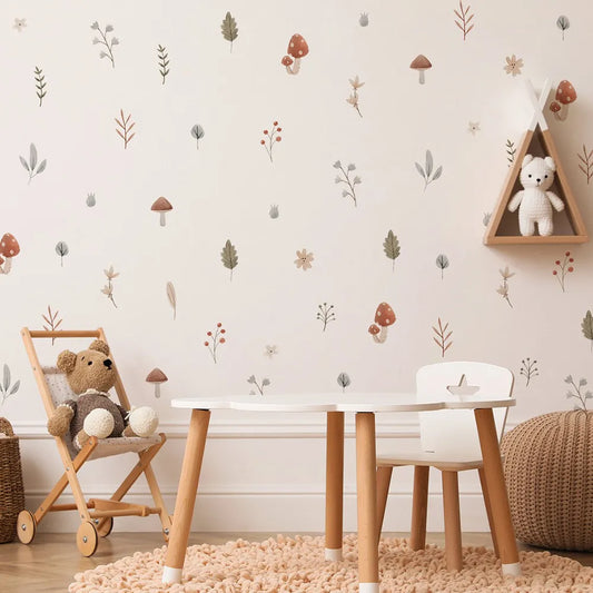 Boho Cartoon Mushroom Branch Leaves Flowers Pattern Wall Stickers for