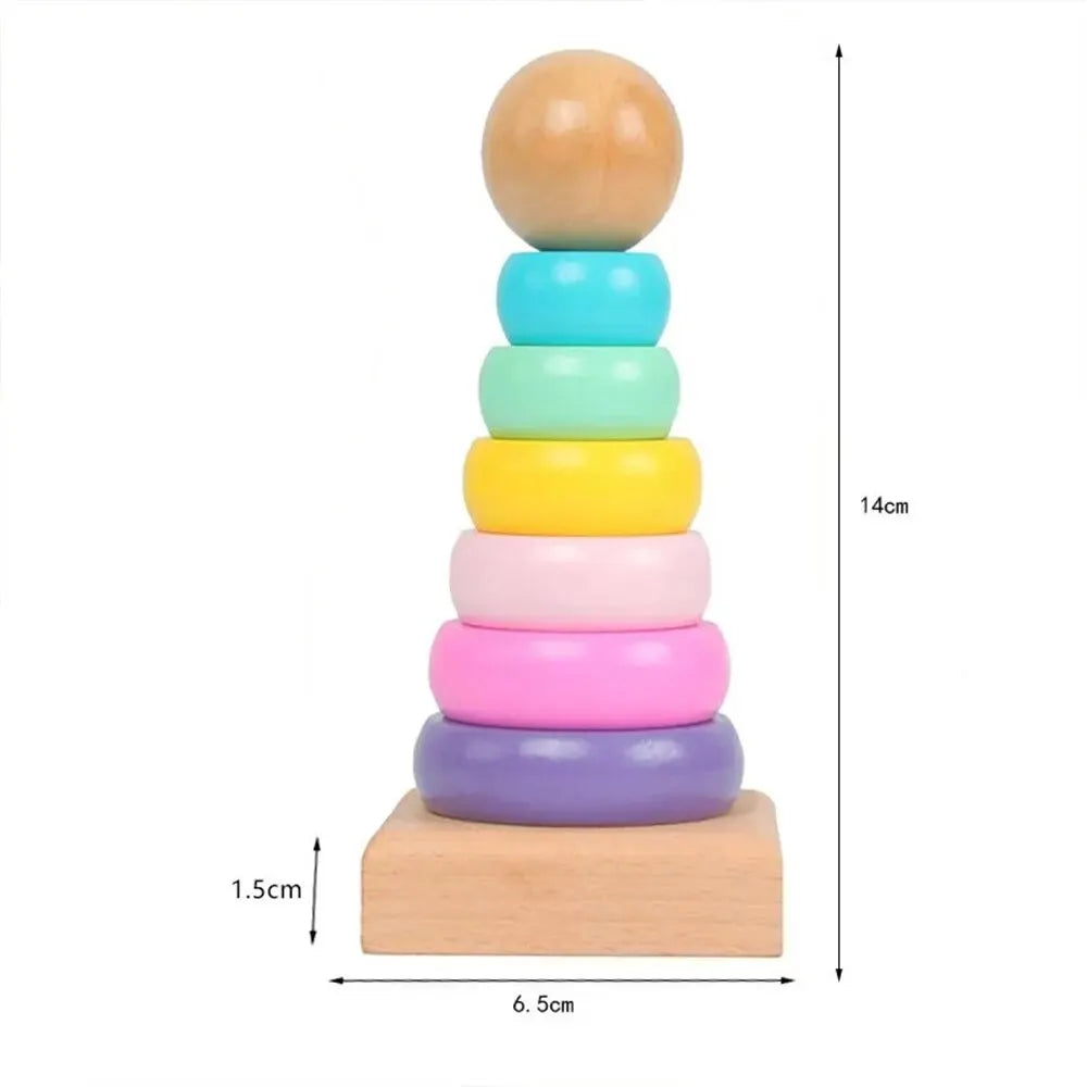 Children Rainbow Tower Ferrule Wooden Toy Stacking Circle Baby Early